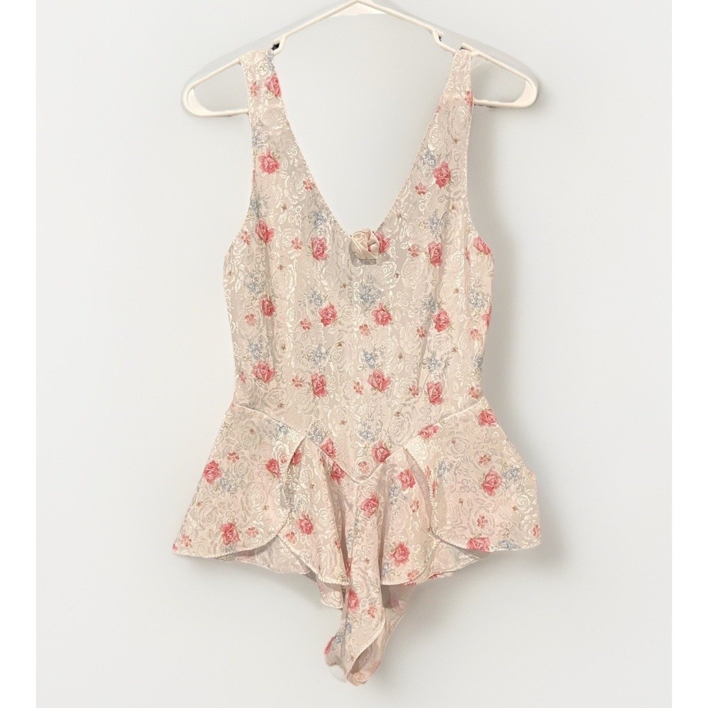 Vintage Val Mode Bodysuit Womens Medium Pink Floral Satin Babydoll Ruffle Teddy